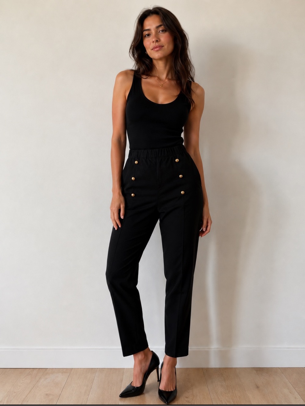 NWT Black High-Waist Skinny Trousers with Gold Button Detail